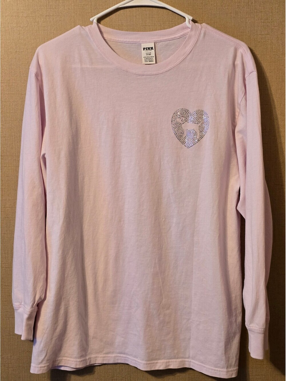 PINK Victoria's Secret Rhinestone Heart Dog Campus Long Sleeve Tee S